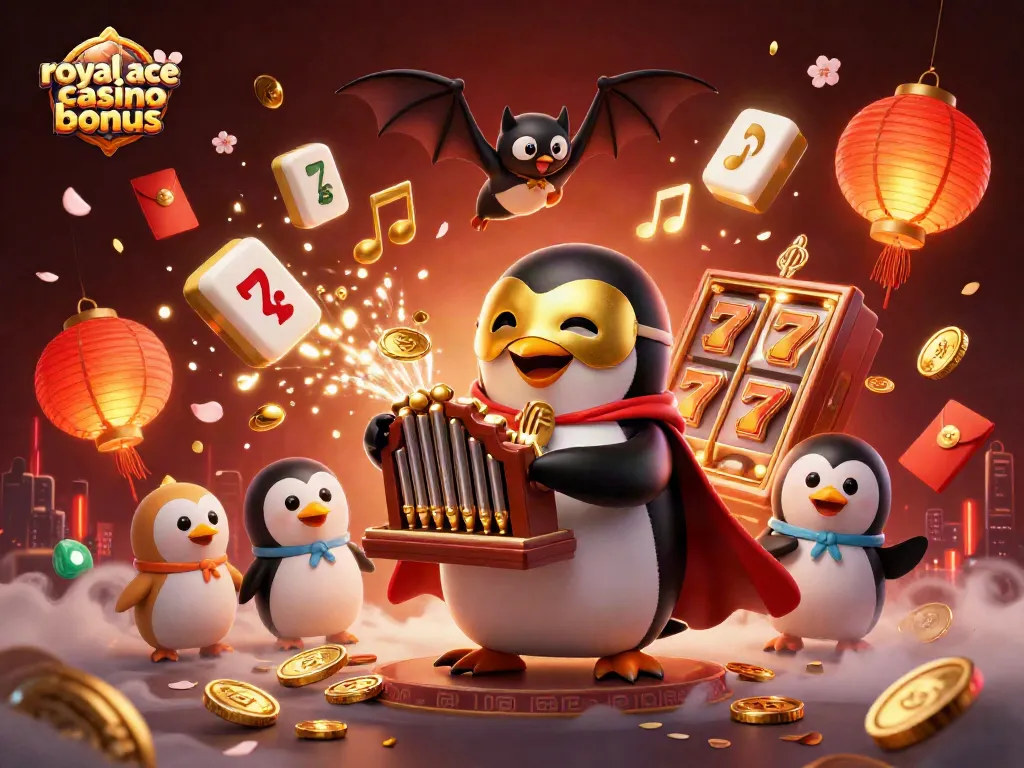 Playing with royal ace casino bonus - a vibrant scene of a whimsical penguin at a casino organ amid golden celebrations.