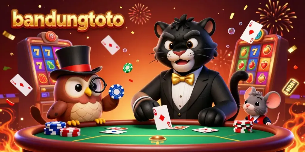 Experience the thrill of bandungtoto with an elegant poker scene featuring a tuxedo panther and charming casino elements.