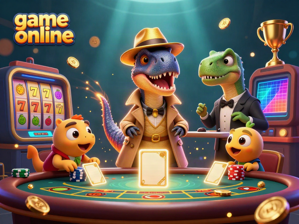 A playful scene of a velociraptor card counter and friends engaging in game online activities at a blackjack table.