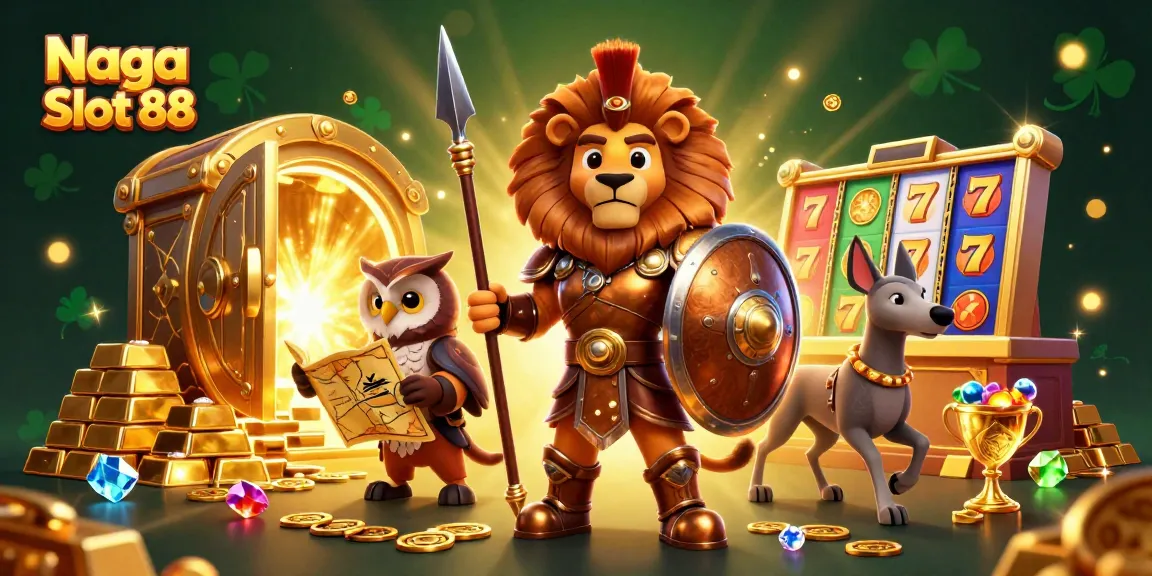 Naga Slot 88's thrilling casino scene with golden treasures and dynamic slot game imagery.