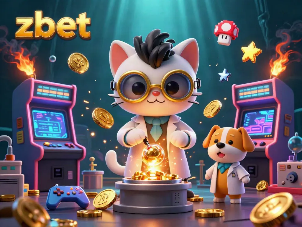 Experience thrilling gaming at zbet with a 3D illustration of a mad scientist cat and dog creating coins amidst vivid casino elements.