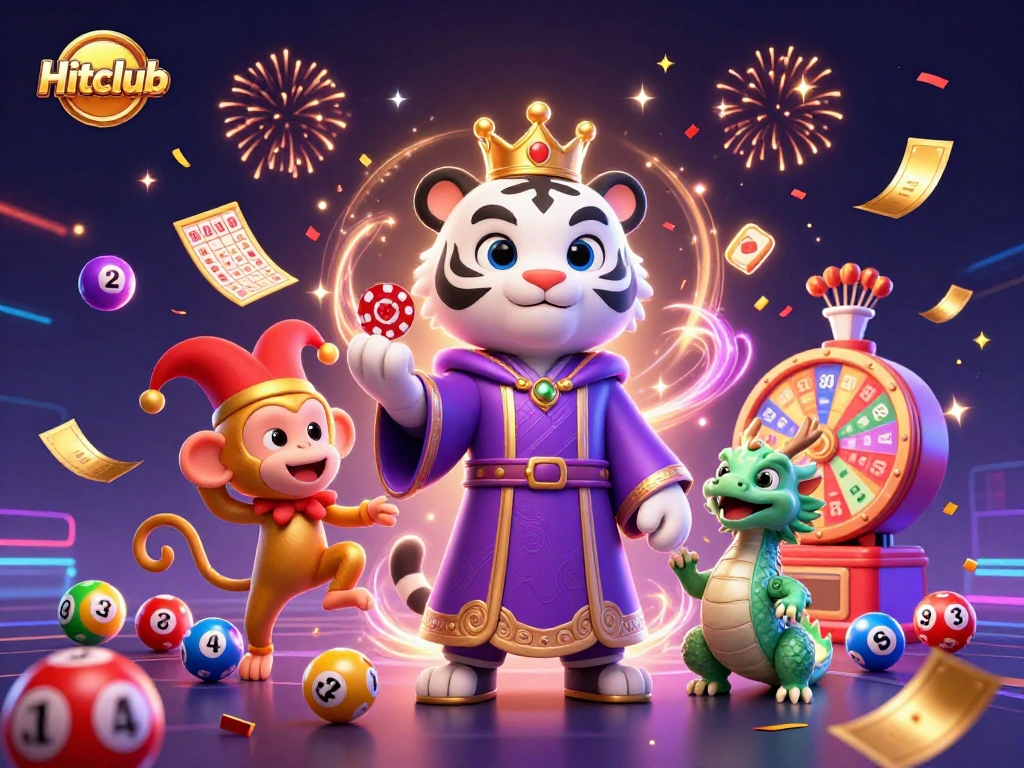 Join the excitement at Hitclub with vibrant 3D characters celebrating wins among colorful lottery elements.