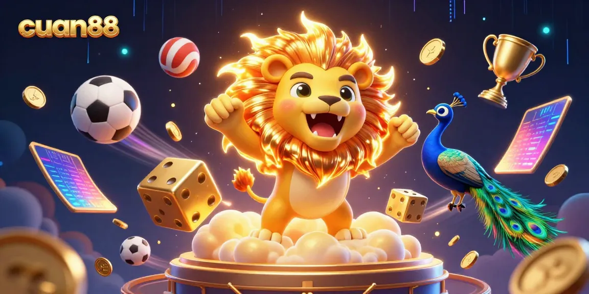Engage with the thrilling dynamics of cuan88's universe, featuring an energetic lion surrounded by sports elements.