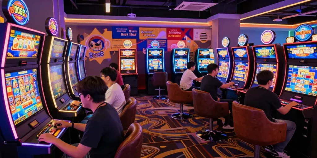 Energetic bos88 online gaming community enjoying vibrant slot machines and live events