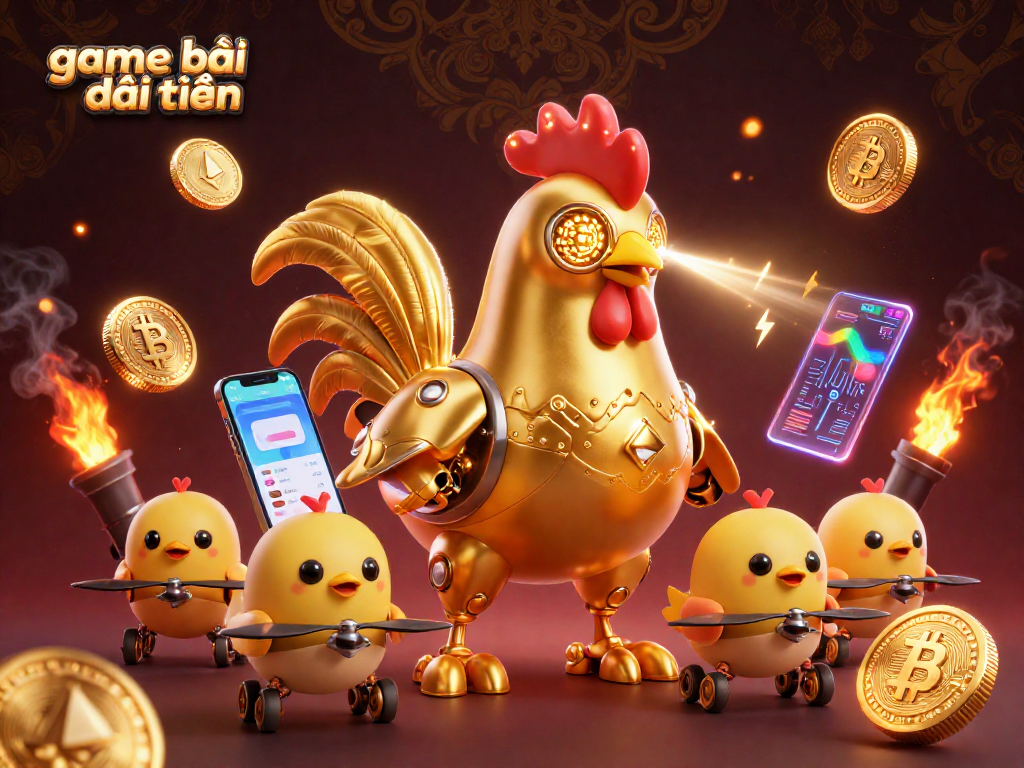 Engage in game bài đổi thưởng with dynamic robots and crypto elements in a vibrant casino scene.
