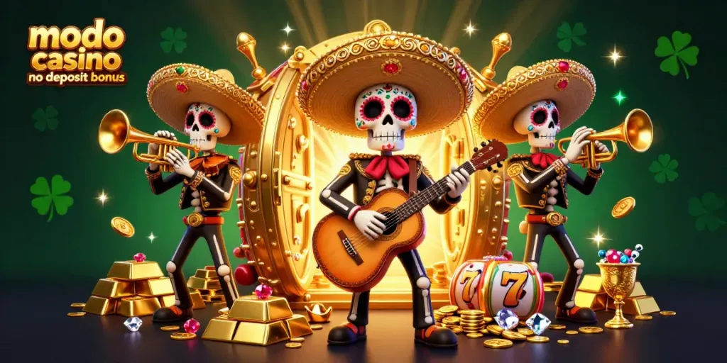 Claim free coins with the modo casino no deposit bonus in vibrant casino illustration.