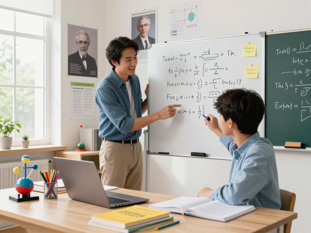 Engaging physics tuition session with a tutor explaining concepts to a student in a well-lit study.