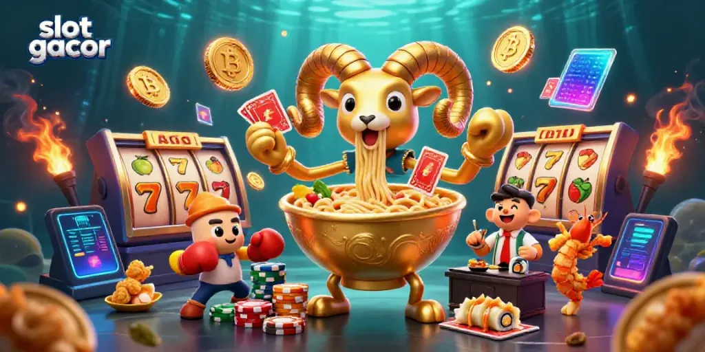 Engage in thrilling slot gacor action with a golden ramen bowl dealer and vibrant game elements.