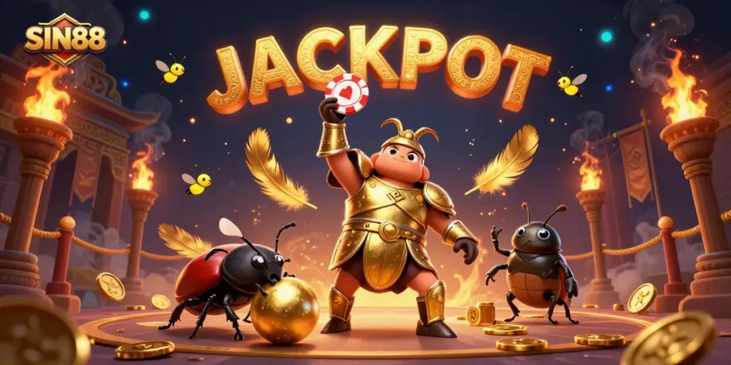 SIN88 casino scene with Hercules beetle in armor, celebrating a jackpot and surrounded by dynamic gaming elements