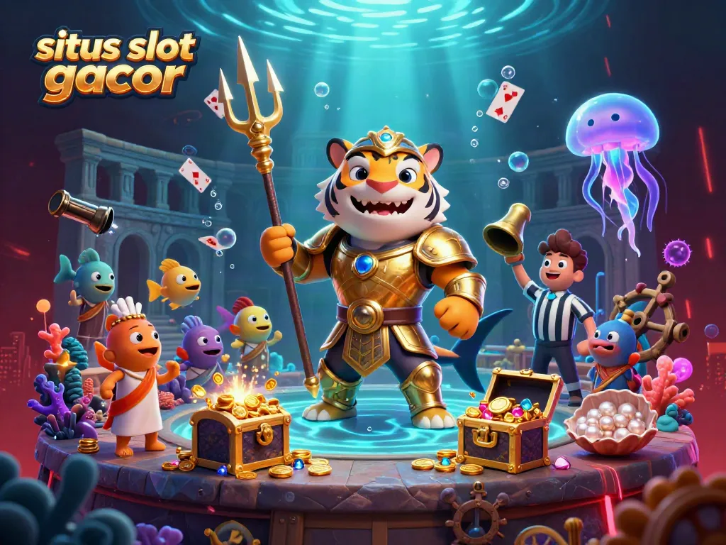 Experience the thrills of situs slot gacor with a cartoon shark gladiator in an underwater casino scene.