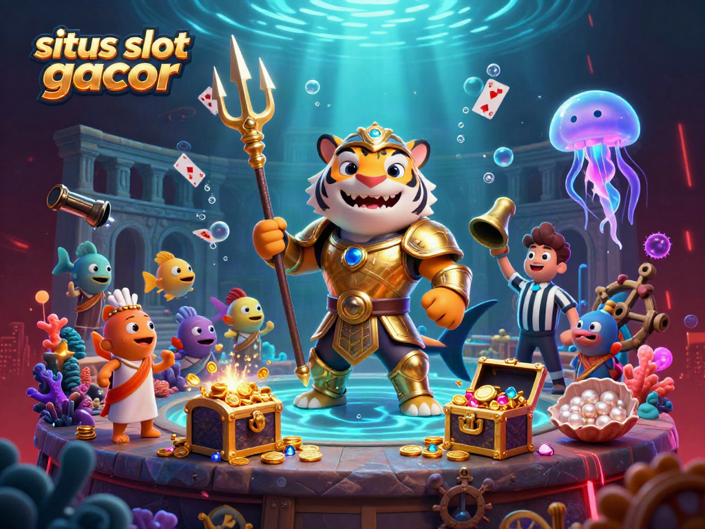 Experience the thrills of situs slot gacor with a cartoon shark gladiator in an underwater casino scene.