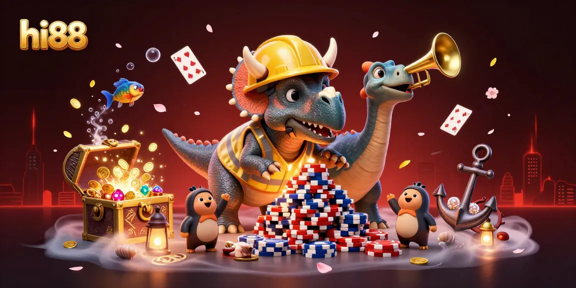 Celebrate wins at hi88’s exciting casino with joyful dinosaurs and vibrant gambling elements!