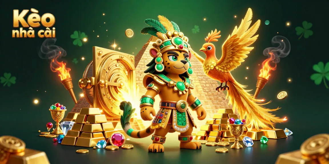 Engage with Kèo nhà cái in an ultra-detailed 3D scene featuring a Mayan priest amidst treasures and gambling symbols.