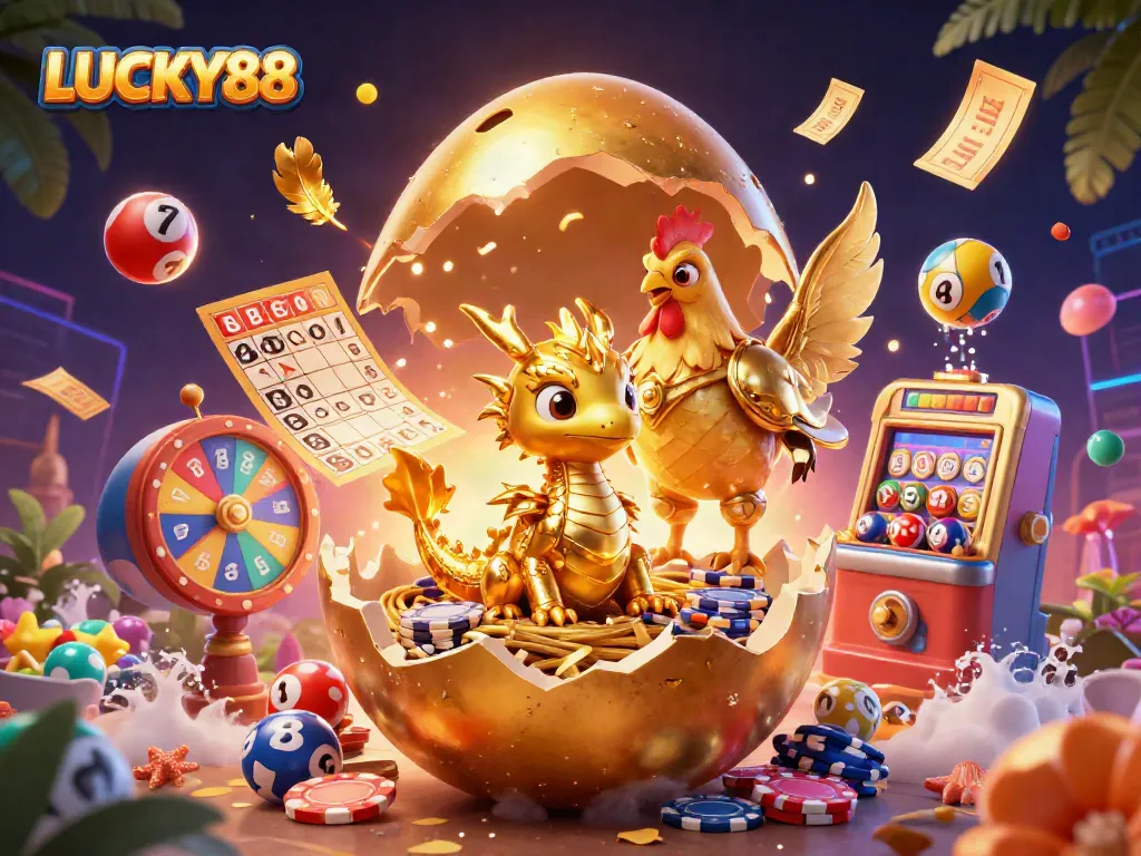 Experience exciting wins at LUCKY88 with a golden dragon and festive gambling elements.