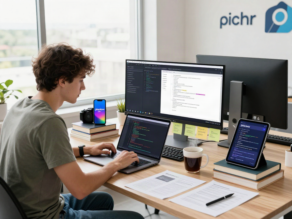 Developer troubleshooting the latest pikashow apk in a vibrant tech workspace filled with devices and coding resources.