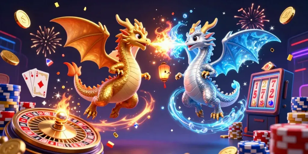 Experience the niastoto adventure with dynamic dragons and vibrant casino elements in this 3D illustration.