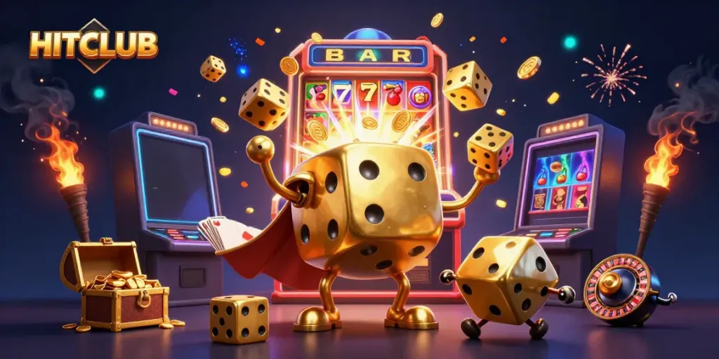Experience the excitement of HITCLUB with vibrant golden dice characters amidst a thrilling casino scene.
