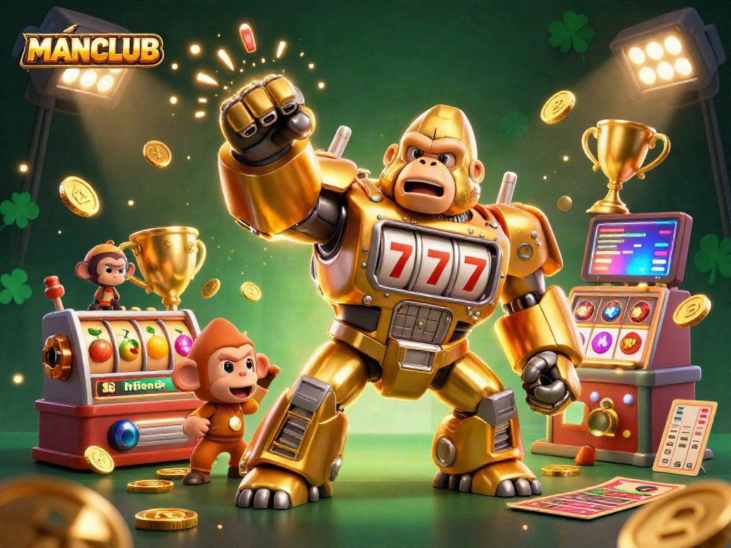 Engage in winning gameplay with MANCLUB's exciting golden gorilla mech and slot machine action.