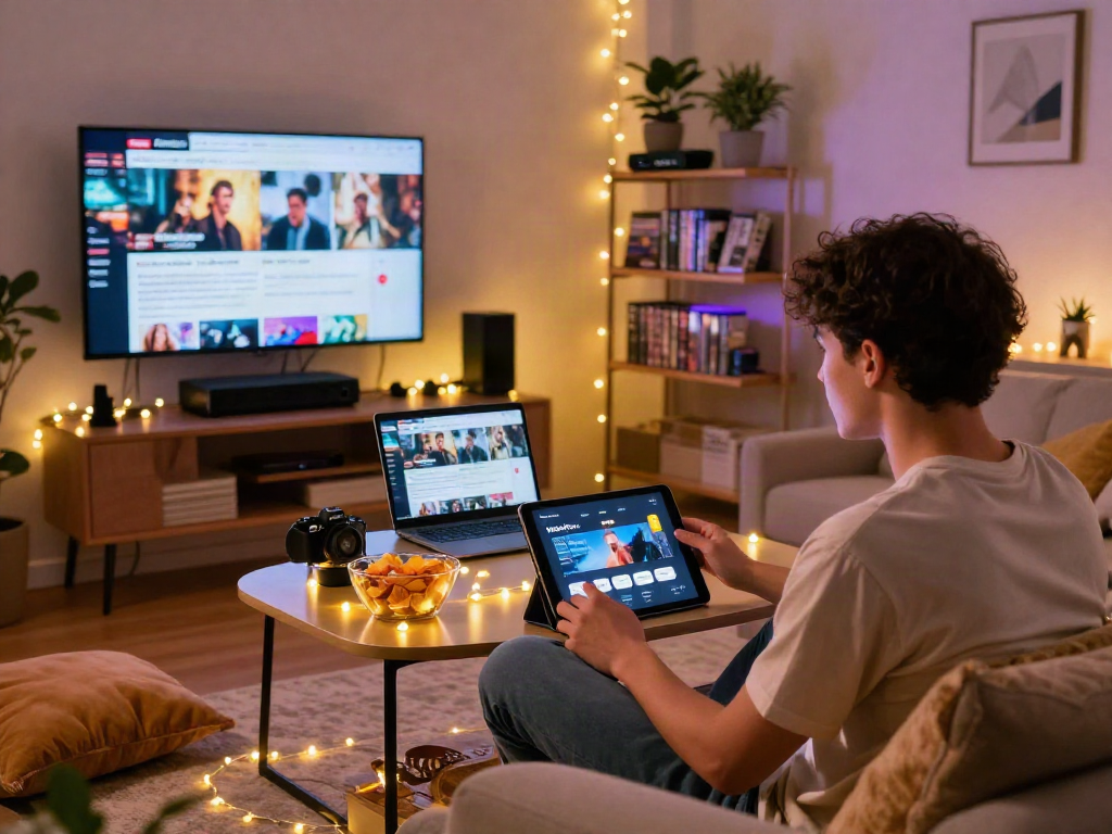 Enjoying the Moviebox apk in a cozy home setup with tablet, snacks, and ambient lighting.