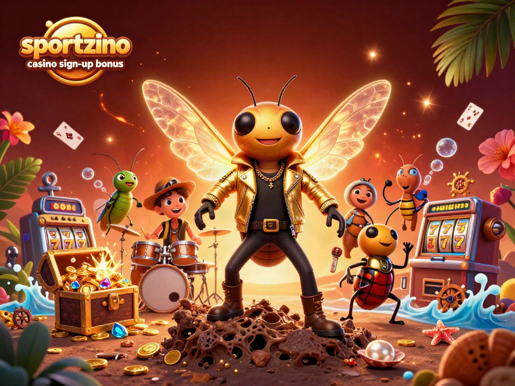 Claim your sportzino casino sign-up bonus with vibrant game elements and dynamic 3D characters.
