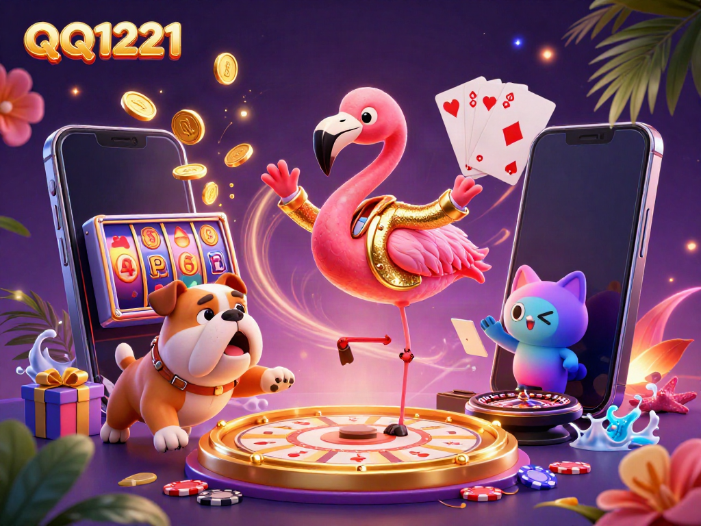 Spin to win on QQ1221 with a game show host, bulldog, and scoreboard cat.