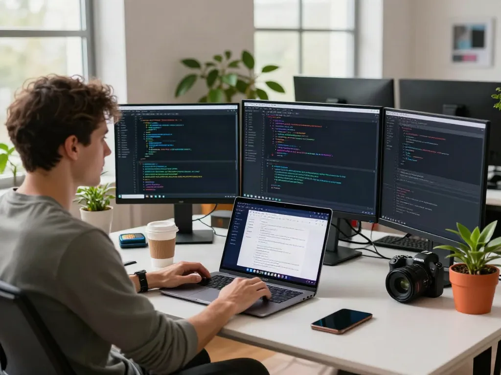 Developer using the Brave browser in a modern workspace, showcasing code and design elements.
