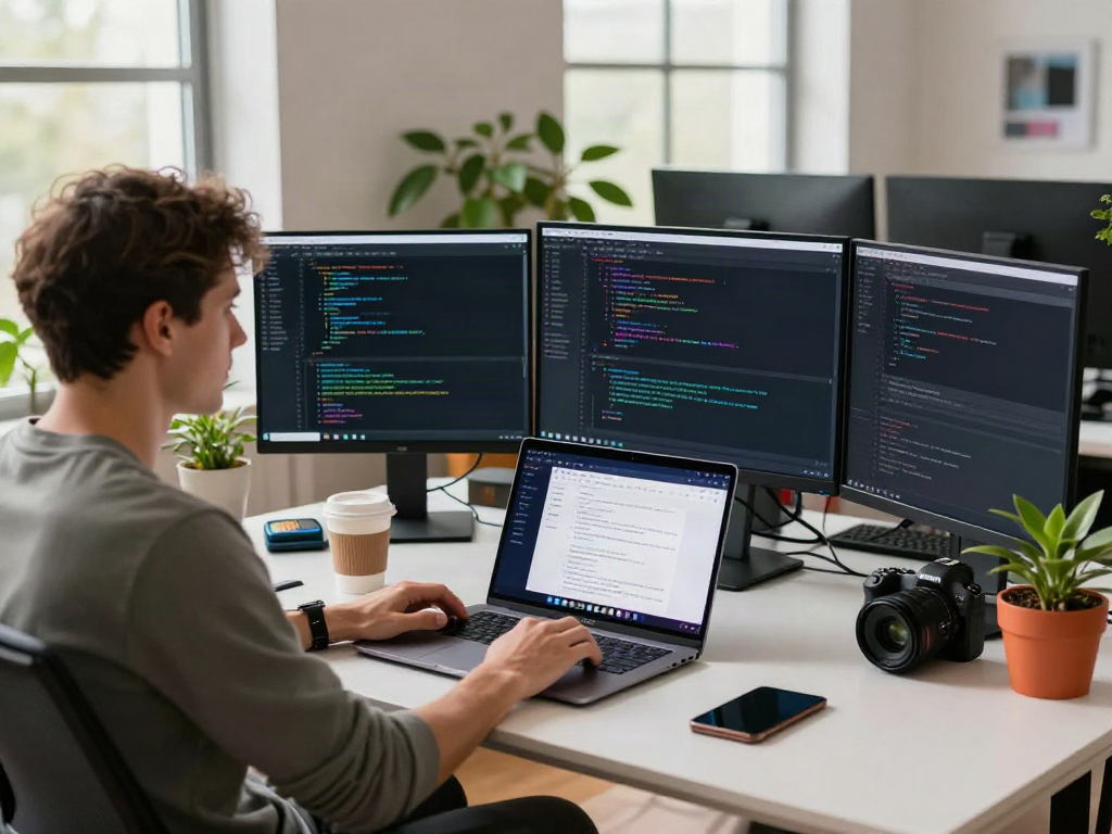Developer using the Brave browser in a modern workspace, showcasing code and design elements.