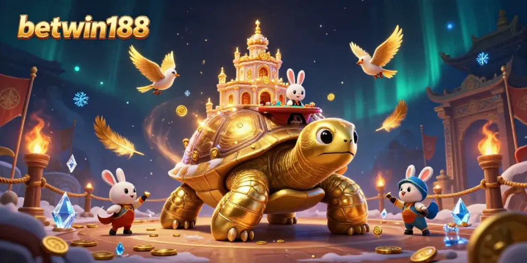 Taruhan seru di betwin188 dengan kura-kura emas mega dan dealer kelinci di kasino miniatur yang bergerak dinamis.