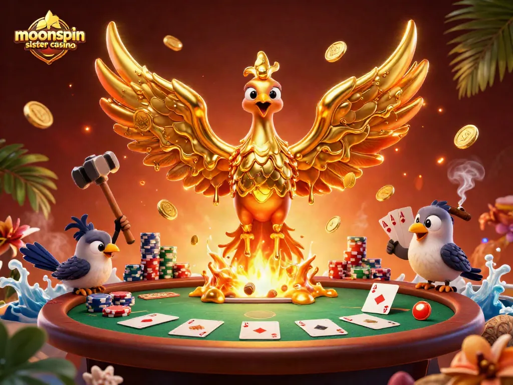 Experience thrilling gameplay at moonspin sister casino with golden phoenix and poker-themed elements.