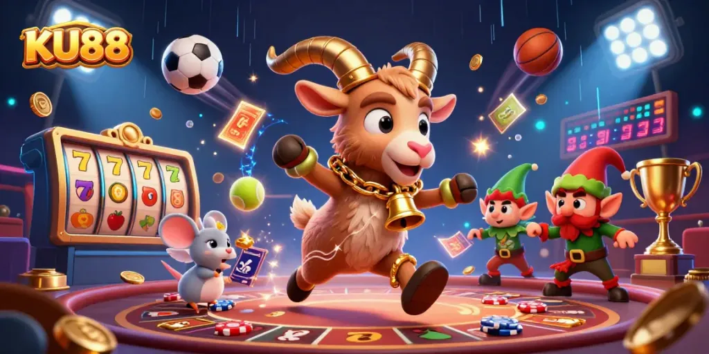 KU88 celebrates casino fun with a lively 3D illustration featuring festive characters in a bustling gaming scene.