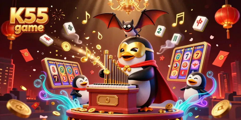 The K55 game illustration featuring a casino-themed scene with animated characters and vibrant elements.