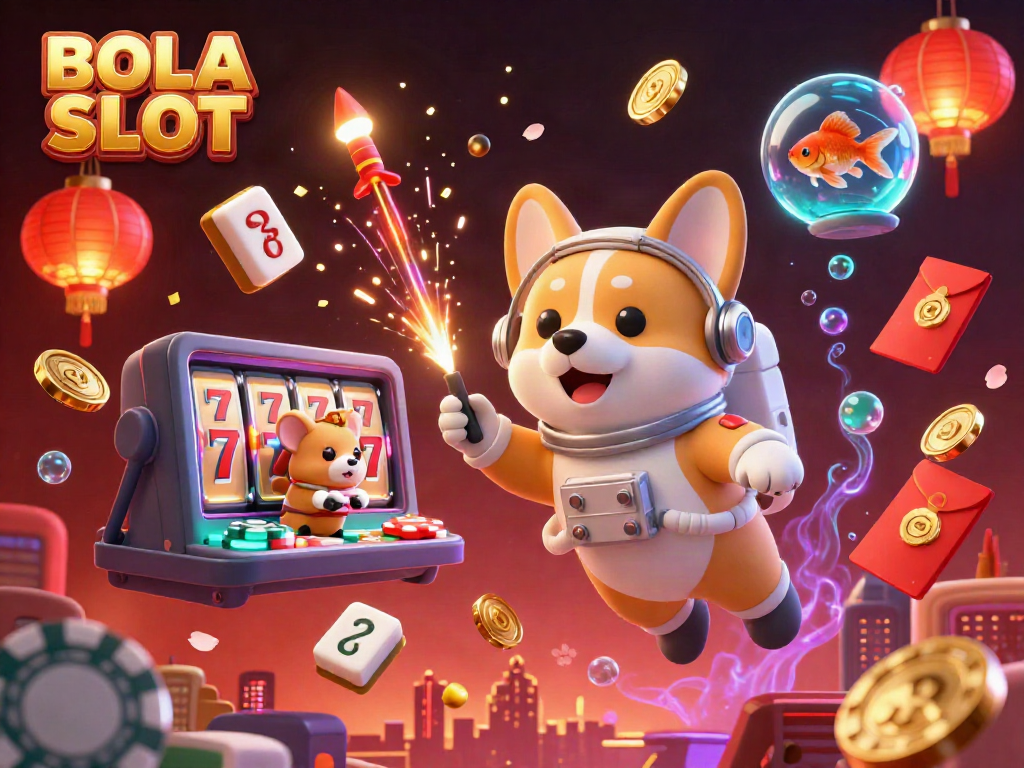BOLA SLOT offers a lively casino experience with a corgi astronaut and a hamster control in a vibrant space environment.