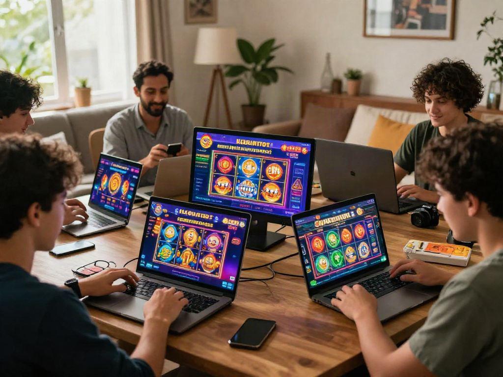 Dynamic online gambling experience highlighting kebuntoto with users engaging in various games in cozy settings.