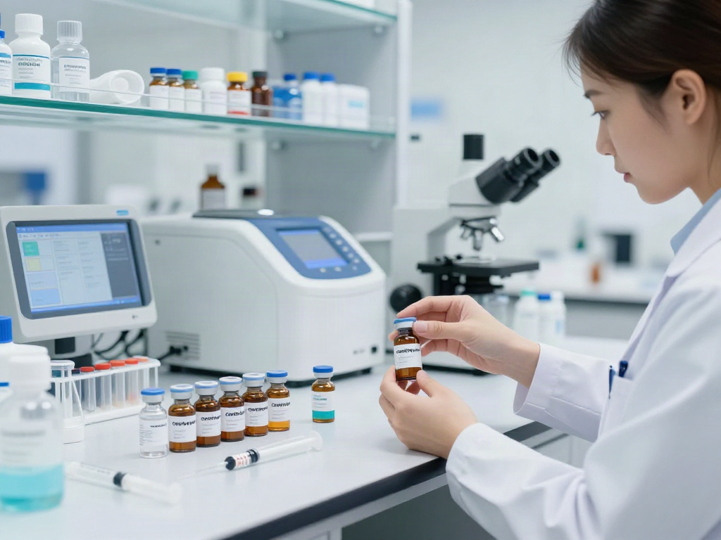 Cerebrolysin for sale in a modern lab, showcasing vials and syringes with a researcher in the background.