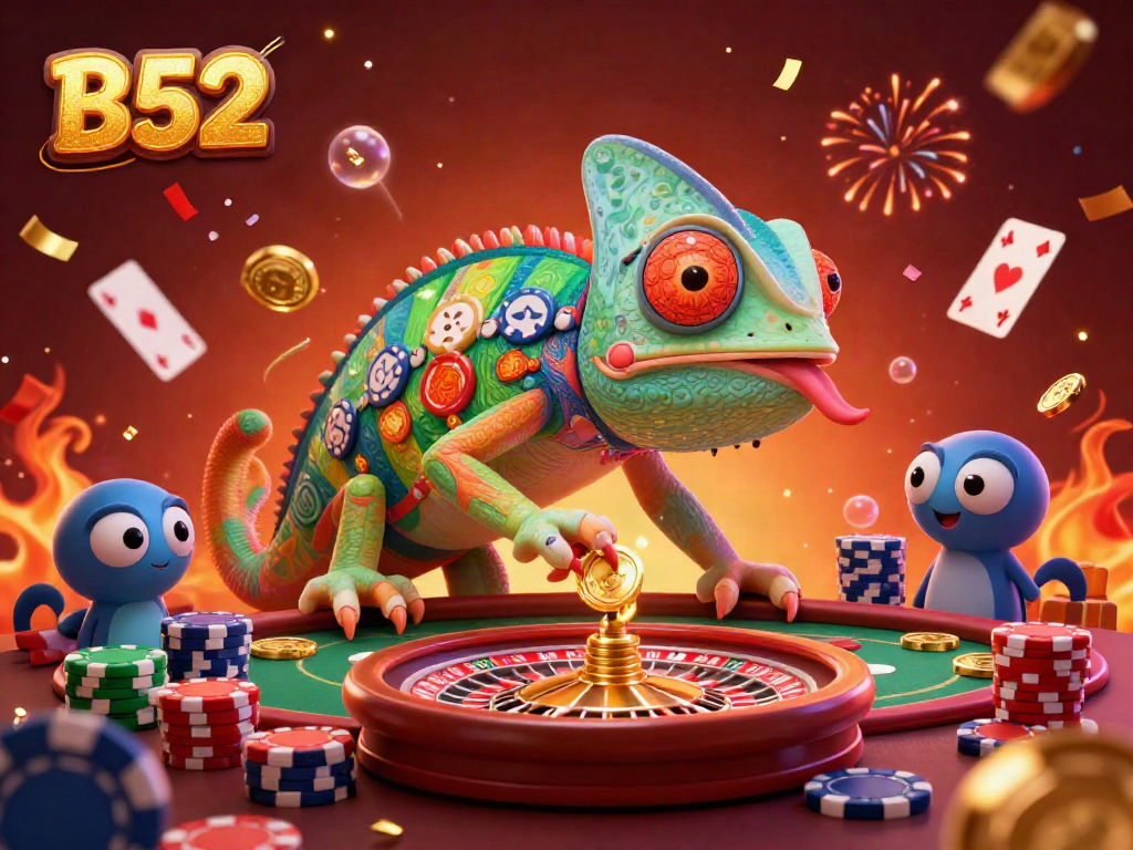 Engage in thrilling B52 gameplay with a vibrant casino scene featuring a chameleon owner and poker elements.
