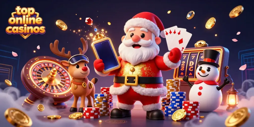 Experience the excitement of top online casinos with Santa, his reindeer dealer, and a poker chip snowman.
