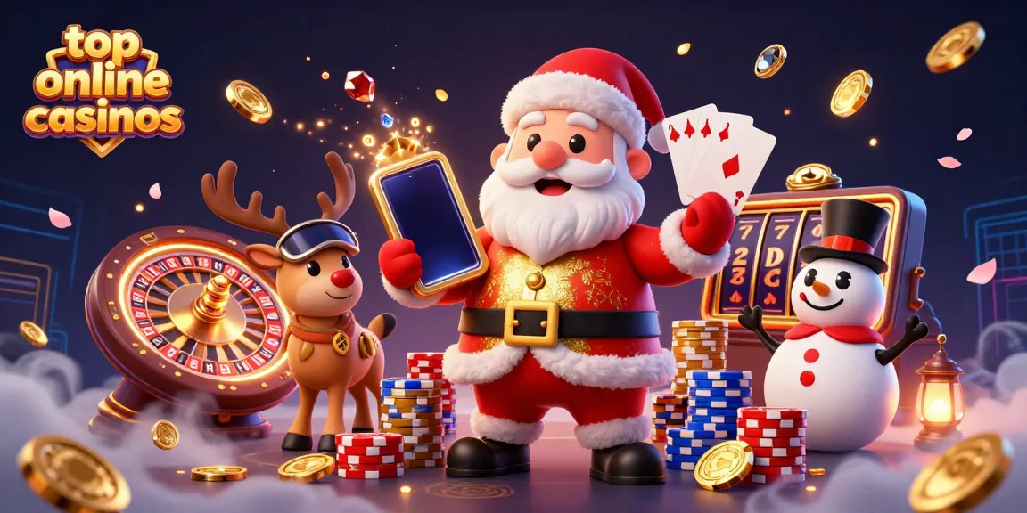 Experience the excitement of top online casinos with Santa, his reindeer dealer, and a poker chip snowman.