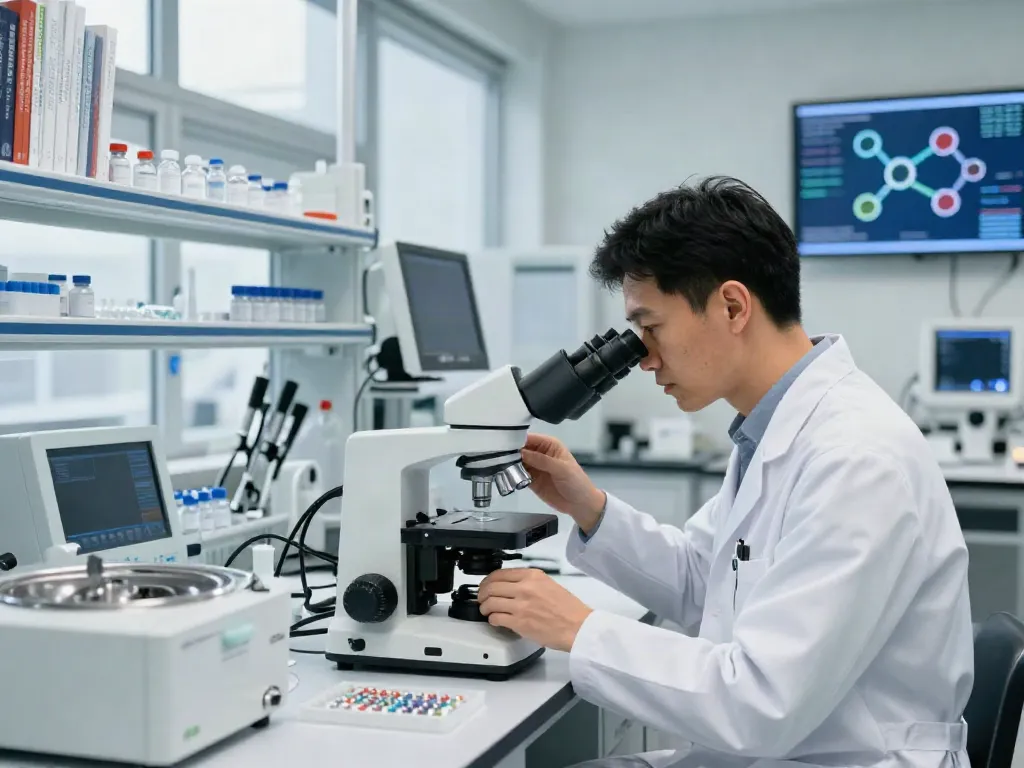 Researcher analyzing Survo peptide samples in a modern lab setting.