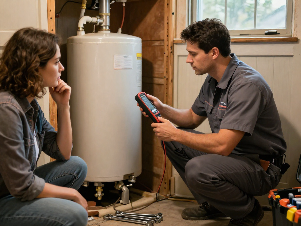 Plumbing repair Fort Worth technician inspecting water heater with homeowner, showcasing expert service and diagnostics.