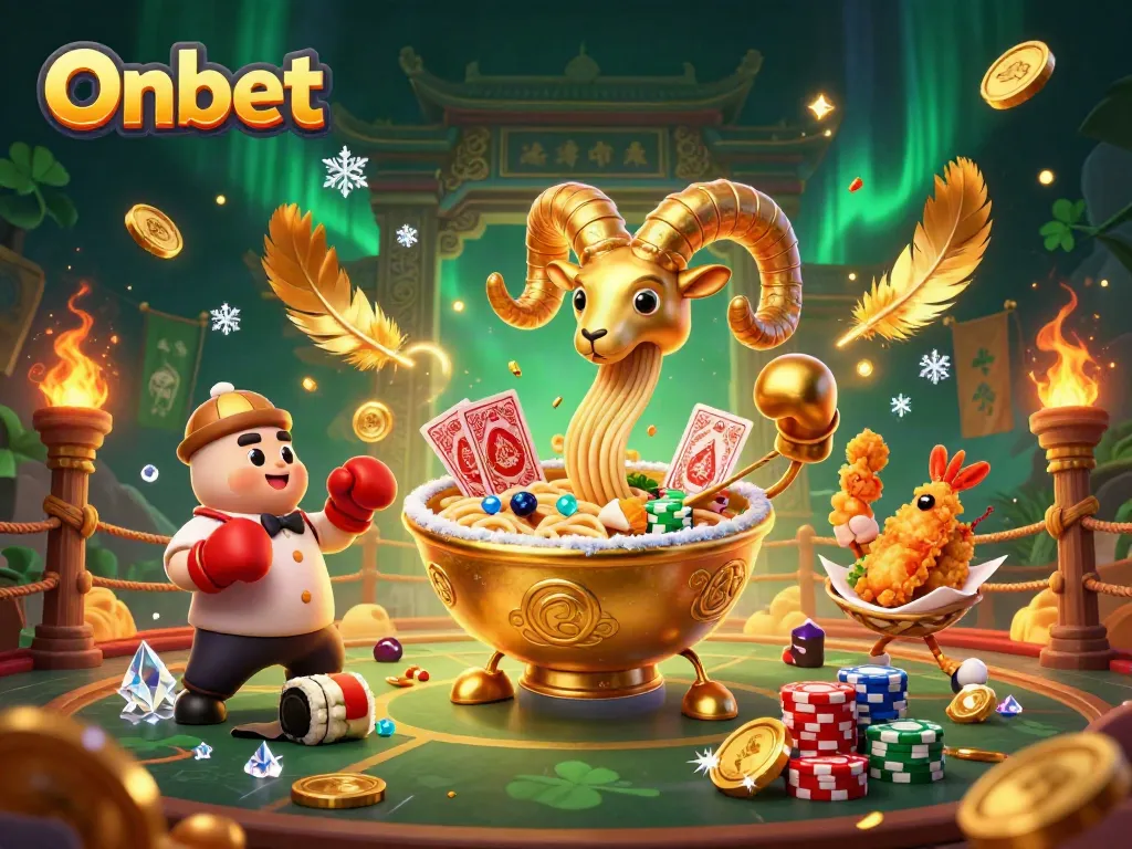 Engage with Onbet's lively casino scene featuring a giant ramen bowl dealer, gyoza boxing sidekick, and vibrant game elements.