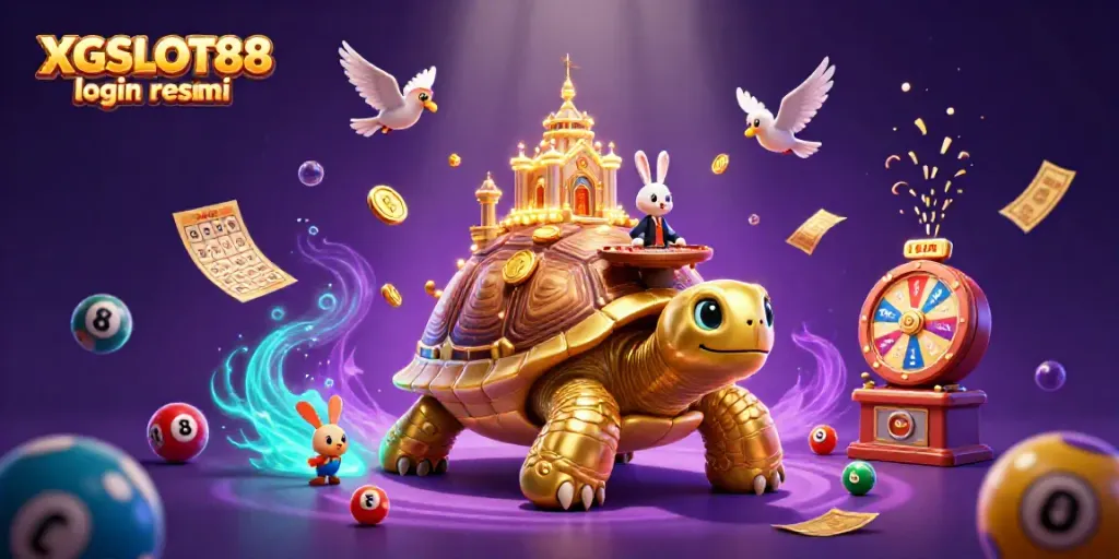 Ilustrasi XGSLOT88 login resmi menggambarkan kura-kura emas raksasa dengan kasino kecil di cangkangnya dan dealer kelinci.