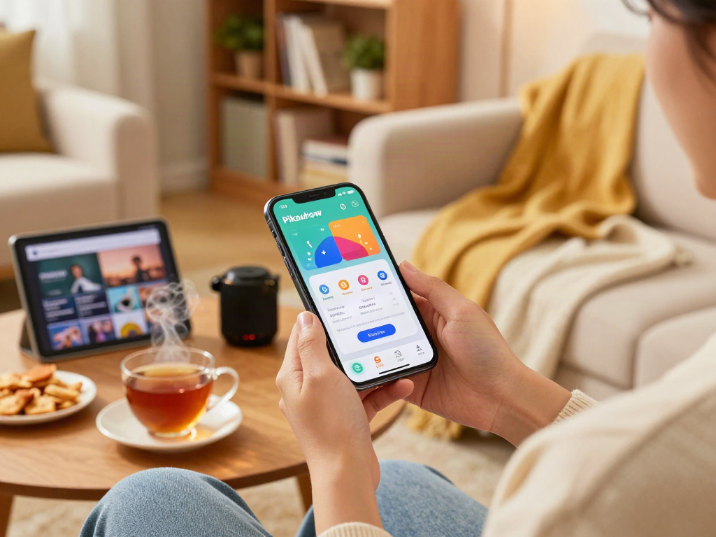 Downloading pikashow app on smartphone in cozy living room, showcasing warmth and comfort.