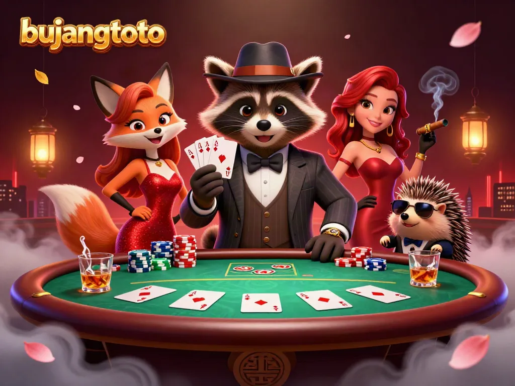 Experience thrilling poker vibes with bujangtoto's unique raccoon, fox, and hedgehog characters.