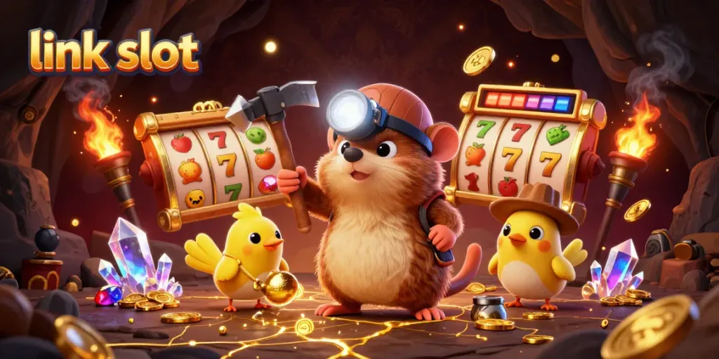 Link slot untuk menang jackpot, ilustrasi menarik dengan karakter penggali harta dan simbol slot.