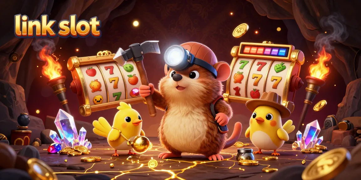 Link slot untuk menang jackpot, ilustrasi menarik dengan karakter penggali harta dan simbol slot.