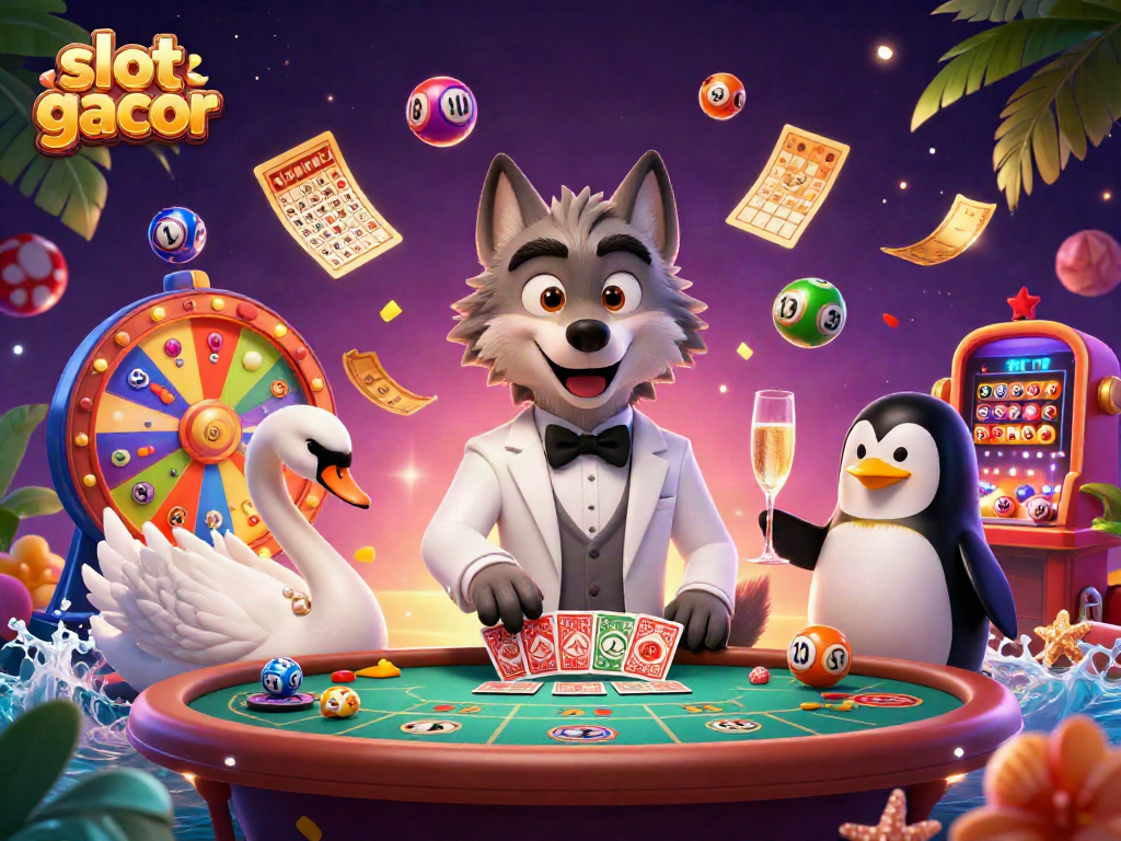 Enjoy exciting slot gacor experiences with lively lottery balls and card games in a vibrant casino setting.