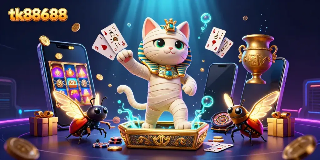 Spin and win with excitement at tk88688, featuring a lively casino scene with a mummy cat and rich game elements.