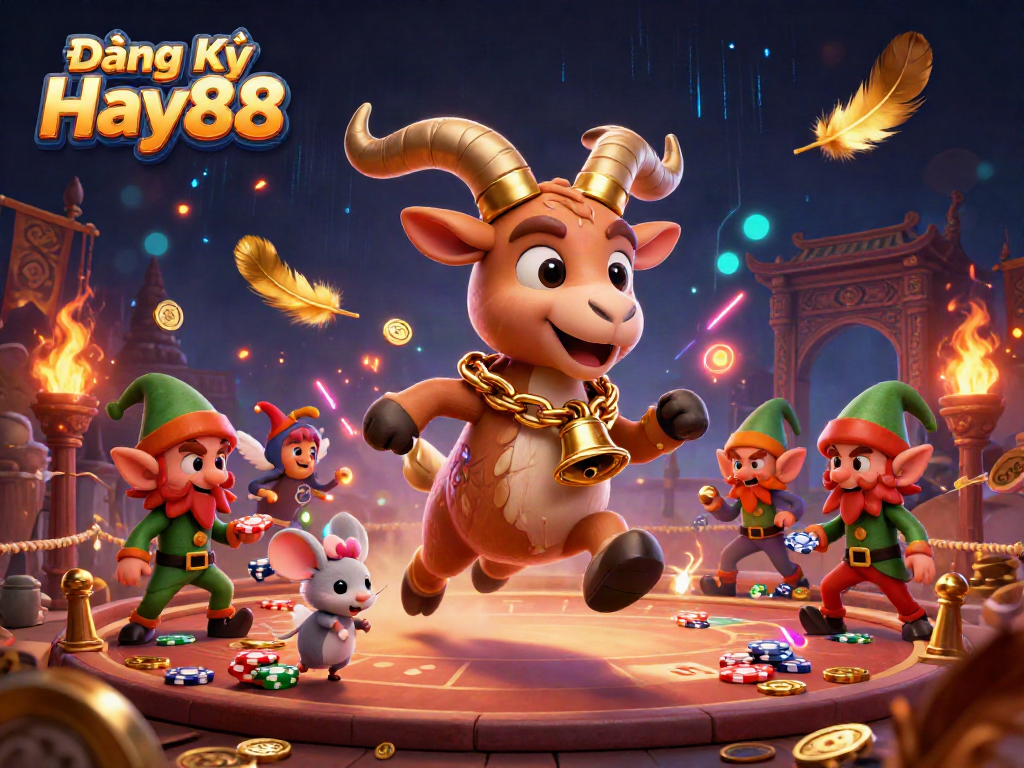 Engage with Đăng Ký Hay88 at an exhilarating casino scene featuring whimsical characters amidst vibrant gambling elements.