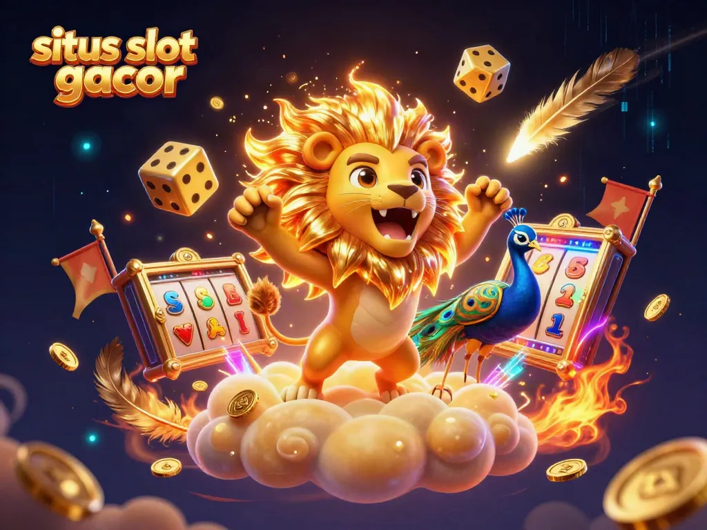 Experience the excitement of situs slot gacor with a grand 3D casino scene featuring a roaring lion, golden dice, and dynamic slot elements.