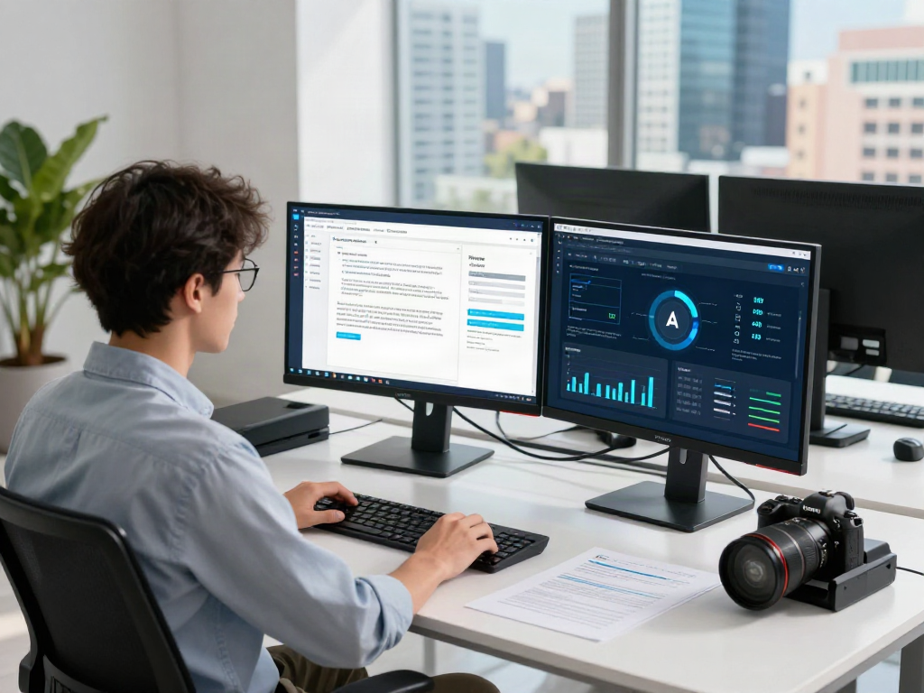 Data analyst in a modern workspace showcasing a document fraud detection solution, analyzing alerts on dual monitors.
